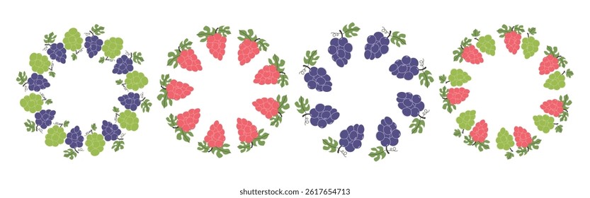 Circular fruit frame featuring a grape design with copy space. Hand drawn doodle border. Ideal for summer posters, banners, invitations, packaging, and branding
