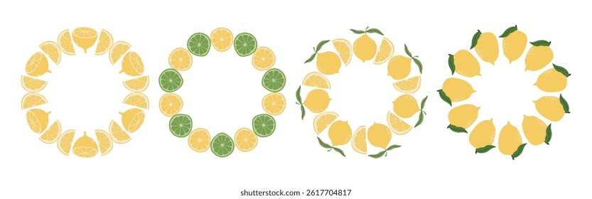 Circular fruit frame set with lemon design and copy space. Hand drawn doodle border. Suitable for summer posters, banners, invitations, packaging, and branding.