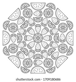 Circular fruit pattern in form of mandala. Vector illustration. Coloring book page.