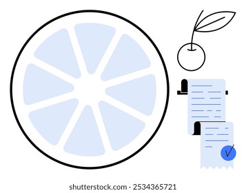 Una rodaja de fruta circular, una cereza y una lista en forma de rollo con una marca de verificación azul. Ideal para opciones de alimentos saludables, compras de comestibles, planes de dieta, listas de tareas y nutrición equilibrada. Estilo moderno simple