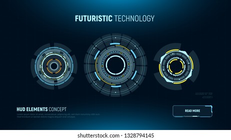 Circular futuristic user interfaces. HUD elements. Sci-fi touch screen display. Vector illustration.