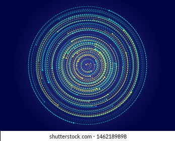 Circular galaxy motion, orbit effect illustration. Cyber security concept digital  design. Vortex vector whirlpool motion of fiber lines. Blue yellow galaxy orbit graphics.