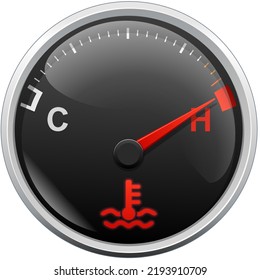 Circular gauge with a black background and white marking with a red needle indicating overheating of a vehicle's engine, the warning light with the symbol of overheated oil is illuminated in red svg