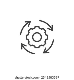 Ícone circular da linha da engrenagem. sinal de estilo linear para conceito móvel e web design. Quatro setas ao redor do ícone do vetor de contorno da engrenagem. Atualize o símbolo do ciclo, ilustração do logotipo. Gráficos vetoriais
