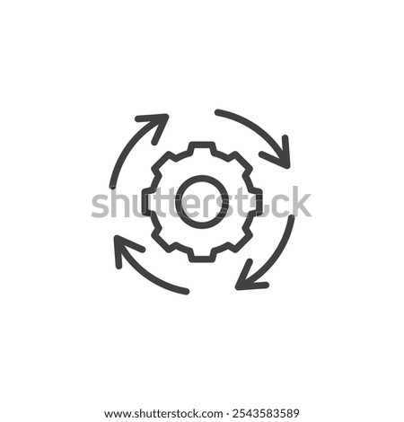 Circular Gear Arrow line icon. linear style sign for mobile concept and web design. Four arrows around gear outline vector icon. Update cycle symbol, logo illustration. Vector graphics