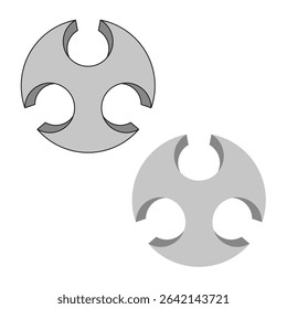 Circular gear icon. Three hole vector. Mechanical shape symbol. Gray metallic style.