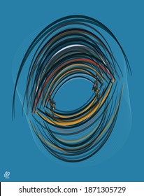 Circular geometric abstract vector object. Computer modeling for math or chemistry. Transparent colored parts surface structure overlapping under wire frame shape. Isolated futuristic symbol.