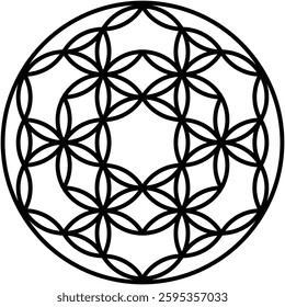 Circular geometric design featuring interlocking circles forming repeating flower-like shapes. Black lines design stand out against isolated background, creating striking visual pattern.