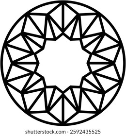 Circular geometric design with polygonal segments creating a star-like void, highlighted with stark contrast against a plain background.