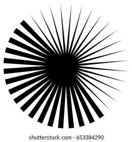 Circular geometric element of radial spokes, lines. Abstract black and white illustration. Geometric circle motif, circle mandala (silhouette, contour version)