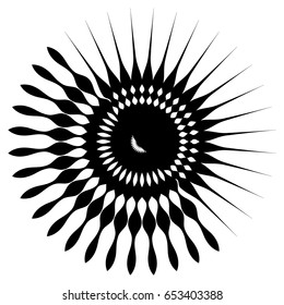 Circular geometric element of radial spokes, lines. Abstract black and white illustration. Geometric circle motif, circle mandala (silhouette, contour version)
