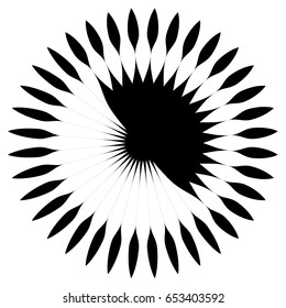 Circular geometric element of radial spokes, lines. Abstract black and white illustration. Geometric circle motif, circle mandala (silhouette, contour version)