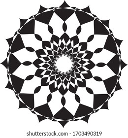 Circular geometric element(s), rotating radiating shapes on white.