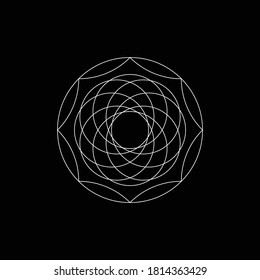Circular Geometric Flower. Mandala. White Stroke Lines On Black Background.