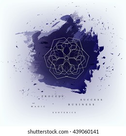 Circular geometric magic ornament on watercolor background. Vector symbols and elements. 