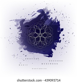 Circular geometric magic ornament on watercolor background. Vector symbols and elements. 