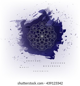 Circular geometric magic ornament on watercolor background. Vector symbols and elements. 