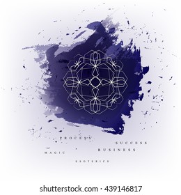 Circular geometric magic ornament on watercolor background. Vector symbols and elements. 