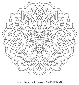 Circular geometric ornament. Round outline mandala for coloring book page. Vintage decorative elements