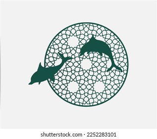 Circular geometric pattern and dolphins.