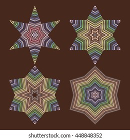 The circular geometric pattern of small squares in shades of brown. Vector. Mandala. Set of 4 elements