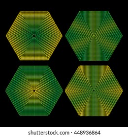 The circular geometric pattern of small squares in yellow and green tones. Vector. Mandala. Set of 4 elements