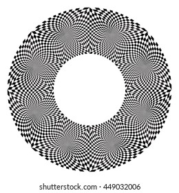 The circular geometric pattern of small squares in black and white. Optical illusion. Vector.