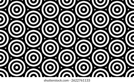 Circular Geometric Seamless Pattern in Black and White, EPS Vector Background. The repetitive vector design features sharp, symmetrical angles and abstract motifs. Delivered in high-quality EPS format