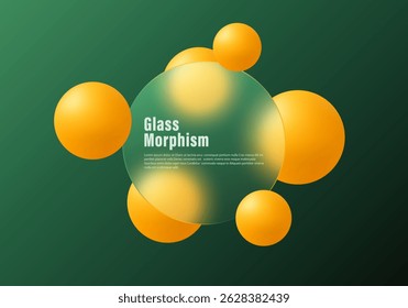 Circular glassmorphism panel with soft blur on green background and floating yellow spheres, modern vector UI design with depth.