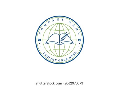 Circular Globe with Book and Pencil for Education School Collage University Badge Emblem Label Stamp Logo Design Vector