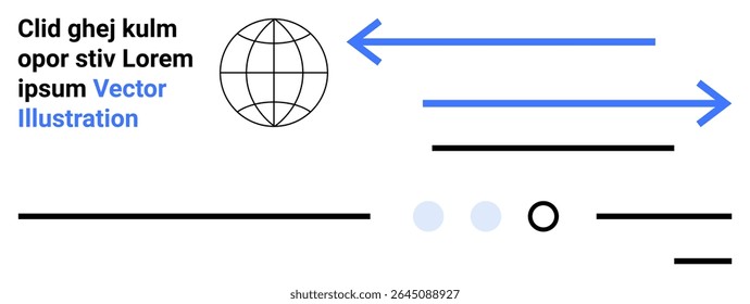 Circular globe icon, blue arrows, black lines, lorem ipsum text, circles. Ideal for technology, network, communication, internet, data transfer, global connectivity website Landing page - Powered by Shutterstock - Get 15% off with code: PIKWIZARD15