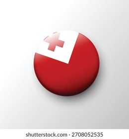Circular glossy badge featuring Tonga flag with red field and white rectangle with red cross
