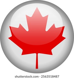 Circular glossy button with the Canadian national flag, a symbol of Canada and its national identity.