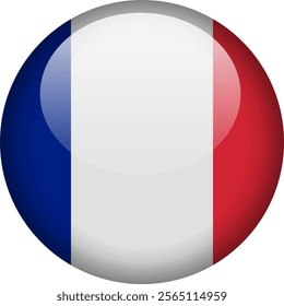 Circular glossy button with the French national flag, a symbol of France and its national identity.