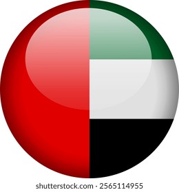 Circular glossy button with the UAE national flag, a symbol of United Arab Emirates and its national identity.