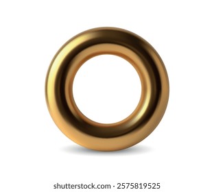 A circular, glossy gold ring with a reflective surface on a plain white background
