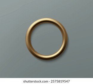 A circular, glossy gold ring with a reflective surface on a plain gray background