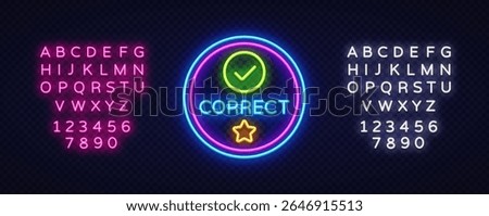 Circular glowing badge with check mark and word CORRECT in bright tones. Includes a yellow-orange star.