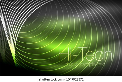 Circular glowing neon shapes, techno background. Abstract shiny transparent circles on dark technology space. Glowing neon circles, techno digital background