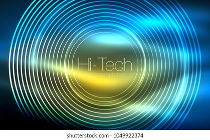 Circular glowing neon shapes, techno background. Abstract shiny transparent circles on dark technology space. Glowing neon circles, techno digital background