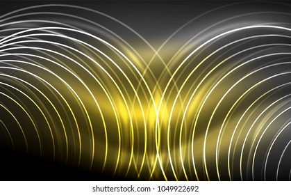 Formas de neón brillante circular, fondo tecno. Resumen de círculos transparentes brillantes en el espacio de tecnología oscura. Círculos de neón brillantes, fondo digital tecno