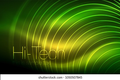 Circular glowing neon shapes, techno background. Abstract shiny transparent circles on dark technology space. Glowing neon circles, techno digital background