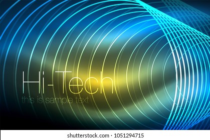 Circular glowing neon shapes, techno background. Abstract shiny transparent circles on dark technology space. Glowing neon circles, techno digital background