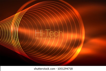 Circular glowing neon shapes, techno background. Abstract shiny transparent circles on dark technology space. Glowing neon circles, techno digital background