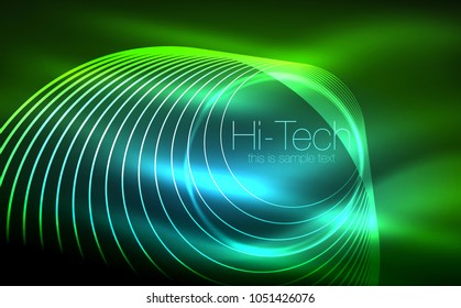 Formas de néon com brilho circular, fundo techno. Círculos transparentes brilhantes no espaço de tecnologia escura. Círculos de néon brilhantes, fundo digital techno