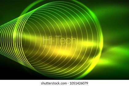 Zirkulär leuchtende Neonformen, Techno-Hintergrund. Abstrakte, glänzende transparente Kreise auf dunklem Technologiebereich. Leuchtende Neonringe, Techno-digitaler Hintergrund