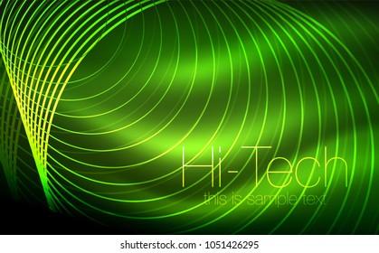 Circular glowing neon shapes, techno background. Abstract shiny transparent circles on dark technology space. Glowing neon circles, techno digital background