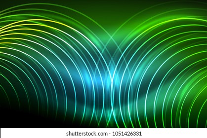Circular glowing neon shapes, techno background. Abstract shiny transparent circles on dark technology space. Glowing neon circles, techno digital background