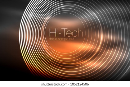 Circular glowing neon shapes, techno background. Abstract shiny transparent circles on dark technology space. Glowing neon circles, techno digital background