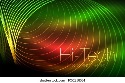 Formas de neón brillante circular, fondo tecno. Resumen de círculos transparentes brillantes en el espacio de tecnología oscura. Círculos de neón brillantes, fondo digital tecno